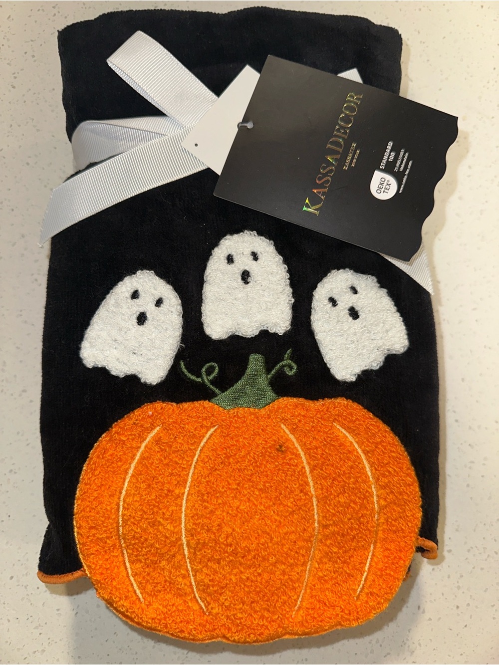 Halloween hand towels w/orange pumpkin and white ghost on black background.NWT